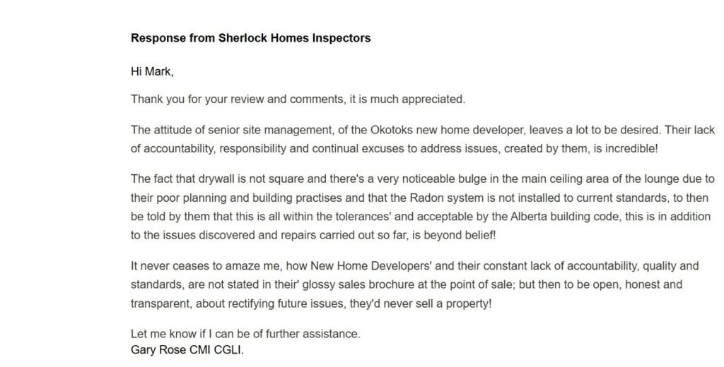 Sherlock Homes Inspectors reply to review